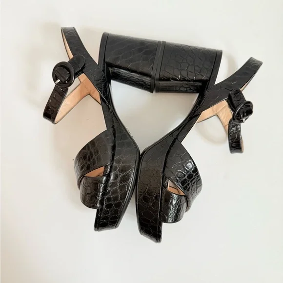 Prada Black Embossed Croc effect leather Quarter strap platform sandals EU 37.5 - Picture 6 of 9